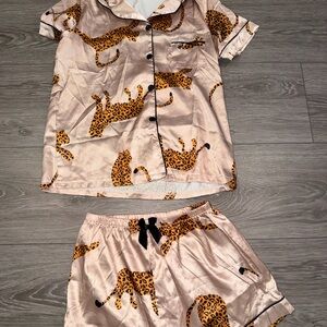 Satin Leopard-Print Short Pajama Set in Blush